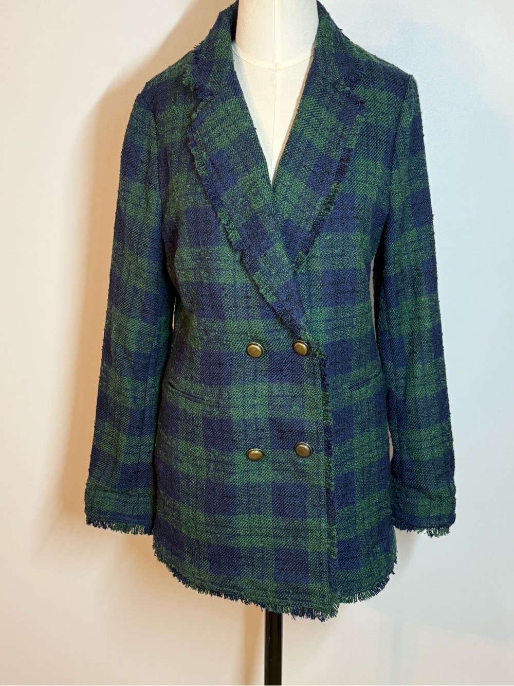 Banana Republic Green and Navy Plaid Double-Breasted Blazer